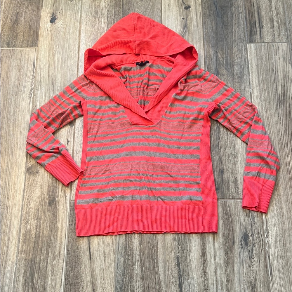Banana Republic Coral and Gray Striped Hooded Sweater